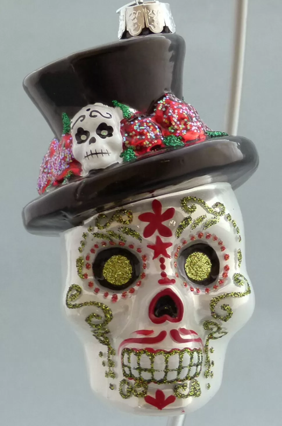 KSA Day Of The Dead Glass Skull + Hat, Gold Eyes^ Ornaments