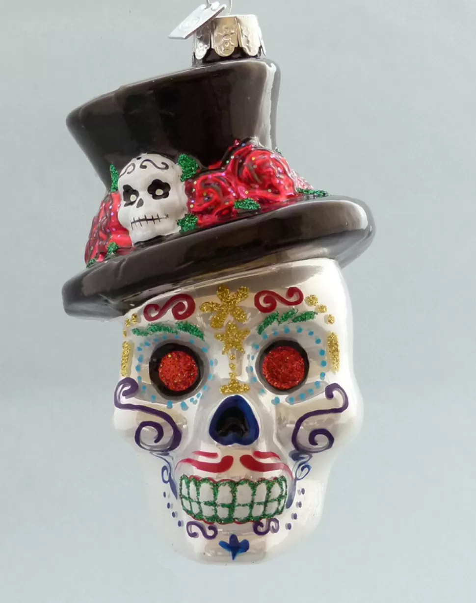 KSA Day Of The Dead Glass Skull + Hat, Red Eyes^ Ornaments