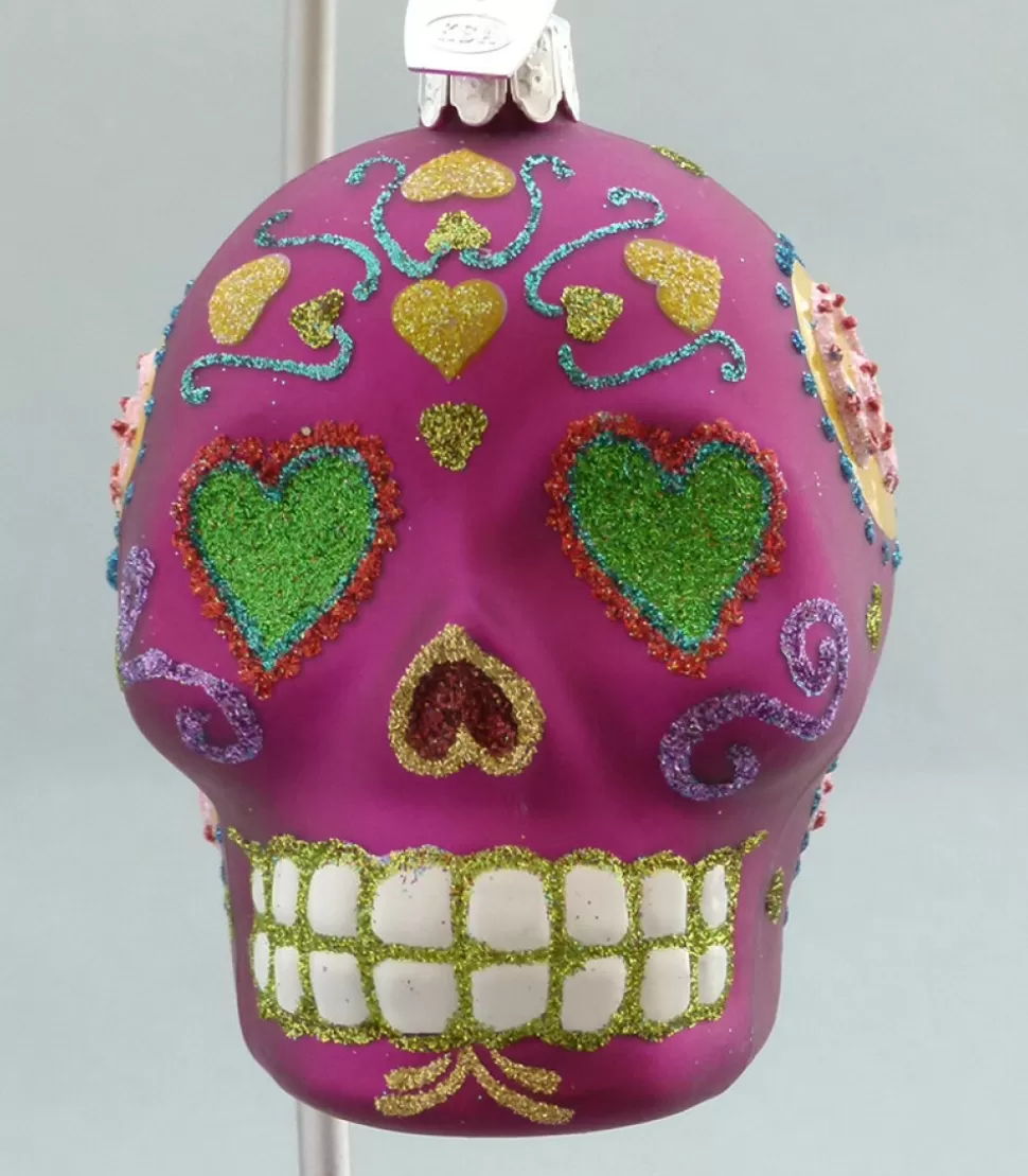 KSA Day Of The Dead Glass Skull -Fuchsia^ Ornaments